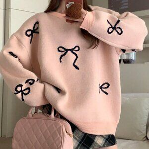 Pink Casual Women's Loose Fit Bowknot detailed Round Neck Long Sleeve Sweater